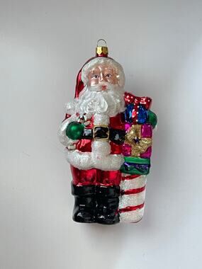 BK Glass Santa Claus Holding A Candy Cane Christmas Ornament